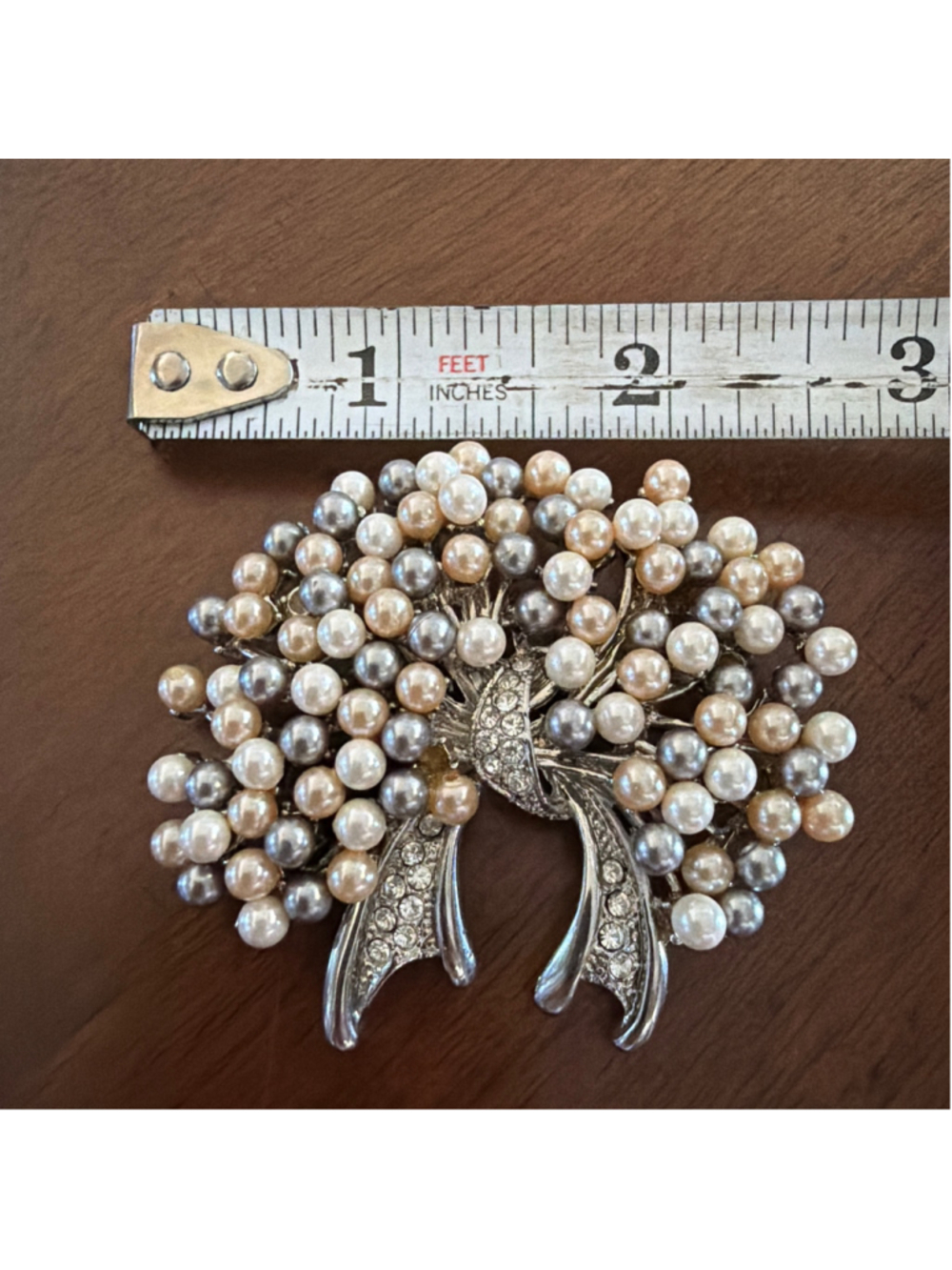 Vintage Silver Tone Faux Pearl Cluster Brooch Rhinestone Accent Statement Pin - Picture 7 of 8